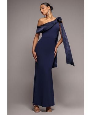 Goddiva One Shoulder Soft Satin Bow Cape Maxi Dress - Blue