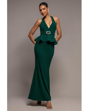 Goddiva Peplum Halter Neck Maxi Dress With Diamante Buckle - Green