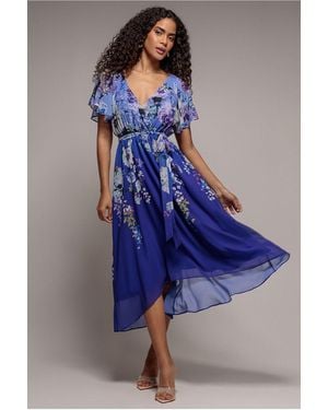 Goddiva Flutter Sleeve A-Line Chiffon Floral Printed Midi Dress - Blue
