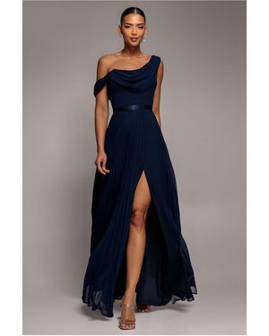 Goddiva Cowl Neck One Shoulder A Line Chiffon Maxi Dress - Blue