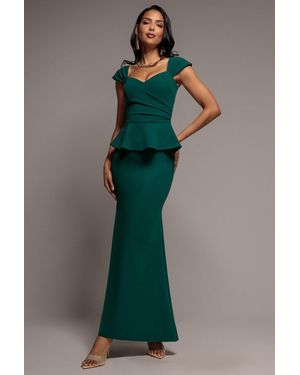 Goddiva Cap Sleeve Sweetheart Peplum Scuba Maxi Dress - Green
