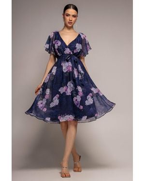 Goddiva Printed Lurex A Line Flutter Sleeve Midi Dress - Blue