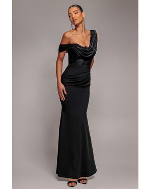 Goddiva Lace Cowl One Shoulder Scuba Crepe Maxi Dress - Grey