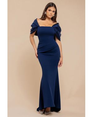 Goddiva Off Shoulder Back Satin Bow Scuba Maxi Dress - Blue