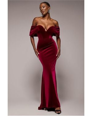 Goddiva Off The Shoulder Deep Plunge Velvet Maxi Dress - Red