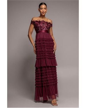 Goddiva Scallop Bardot Ruffle Mesh Maxi - Red