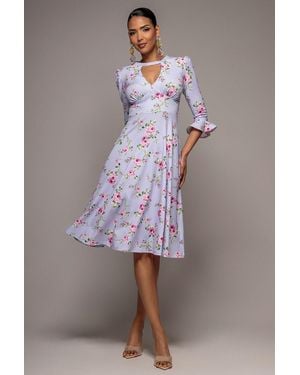 Goddiva Floral Printed Flared Sleeve Midi - Green