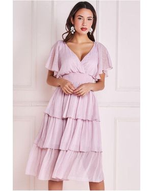 Goddiva Plain Lurex Chiffon Tiered Dress - Pink