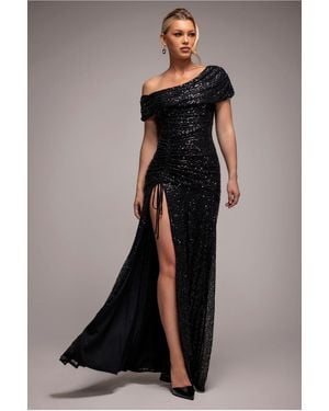 Goddiva Off The Shoulder Sequin Cowl Drawstring Maxi Dress - Black