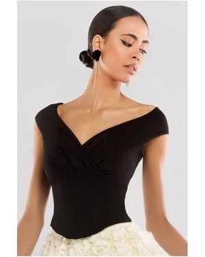 Goddiva Front Pleated Wrap Off The Shoulder Corset With 3D Floral Mesh Skirt - Natural