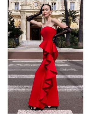 Goddiva Boobtube Peplum Waterfall Frill Maxi Dress - Red