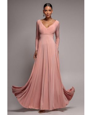 Goddiva Plunge Neck Long Sleeve A Line Maxi Dress - Pink