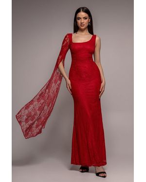 Goddiva One Shoulder Cape Sleeve Pleated Lace Maxi Dress - Red