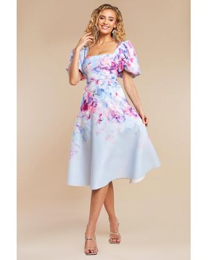 Goddiva Printed Scuba Square Neck Puff Sleeve Midi Dress - Blue