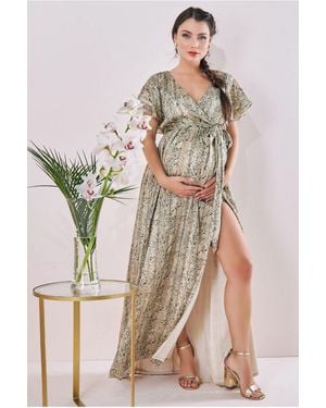 Goddiva Maternity Wrap Printed Chiffon Maxi Snake Print - Natural