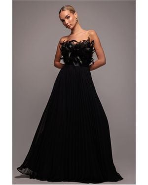 Goddiva Feather Off The Shoulder Pleated Evening Maxi Dress - Black