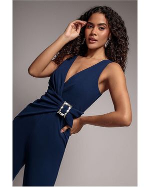 Goddiva Buckle Plunge Bow Detail Jumpsuit - Blue