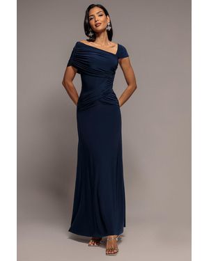 Goddiva Asymmetric Neck Gathered Waist Maxi Dress - Blue