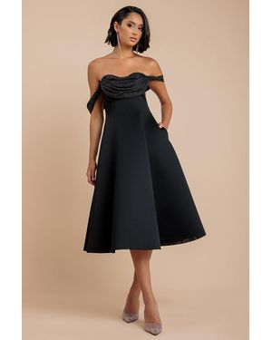 Goddiva Sparkle Chiffon Cowl Bardot Skater Midi Dress - Blue