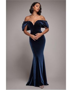 Goddiva Off The Shoulder Deep Plunge Velvet Maxi Dress - Blue