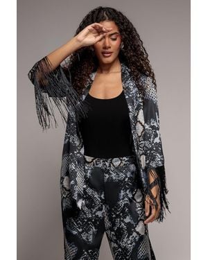 Goddiva Foil Print Kimono With Tassels - Black