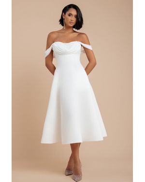 Goddiva Sparkle Chiffon Cowl Bardot Skater Midi Dress - Natural