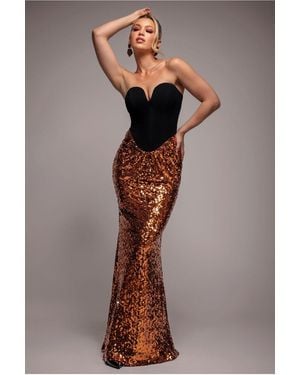 Goddiva Scuba Crepe & Sequin Dipped Waist Strapless Maxi Dress - Brown