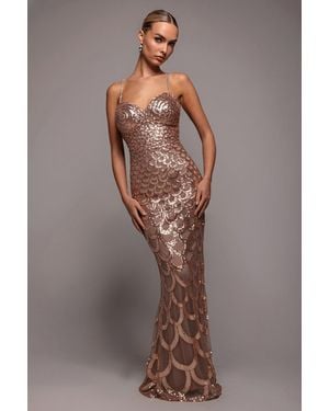 Goddiva Diamante Strap Fish Scale Sequin Maxi Dress - Natural