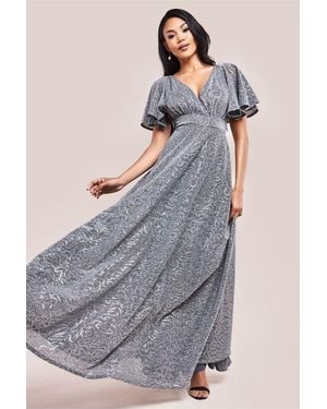 Goddiva Sequin Lurex Flutter Sleeve Maxi Dress - Grey