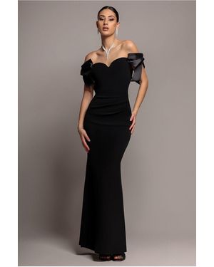 Goddiva Satin Bow Bardot Sheath Maxi Dress - Black