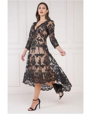 Goddiva Scalloped Lace Dipped Hem Midi Dress - Black
