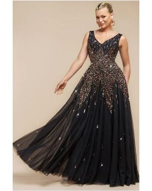 Goddiva Sunray Hand Embellished Sequin A-Line Sleeveless Maxi Dress - Black