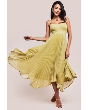 Goddiva Pleated Lurex Midi Dress Tie Back - Yellow