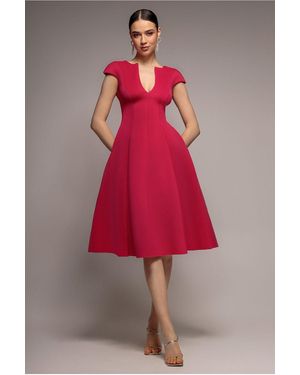 Goddiva Cap Sleeve Plunging V-Neckline A-Line Midi Dress - Red