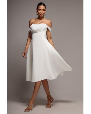 Goddiva Sparkle Chiffon Cowl Bardot Skater Midi Dress - Natural