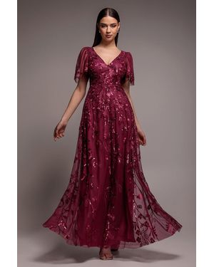 Goddiva Flared Sleeve Embroidered Maxi Dress - Pink