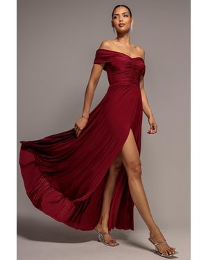 Goddiva Gathered Bardot Maxi Dress With Front Split