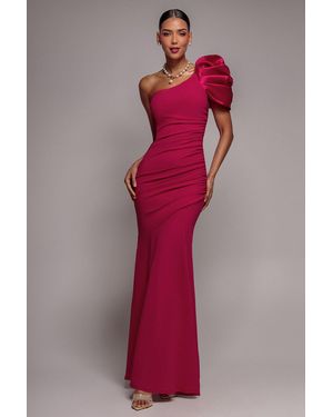 Goddiva One Shoulder Puffed Satin Sleeve Evening Maxi Dress - Red