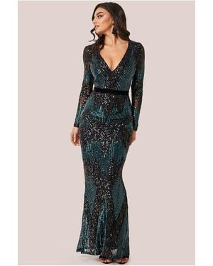 Goddiva Long Sleeve Sequin Evening Maxi Dress - Green