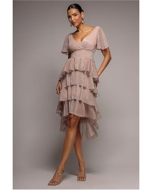 Goddiva Crinkle Lurex High Low Layered Midi Dress - Pink