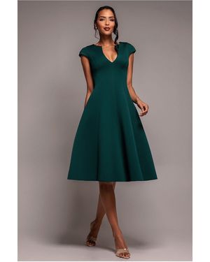 Goddiva Cap Sleeve Plunging V Neckline A Line Midi Dress - Green