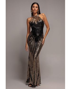 Goddiva Ombre Sequin Mosaic Halter Neck Maxi Dress - Brown