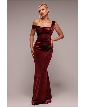 Goddiva Glitter Polka Dot Velvet One Shoulder Maxi Dress - Red
