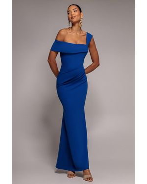 Goddiva Sustainable Off Shoulder Asymmetric Pleated Waist Maxi Dress - Blue