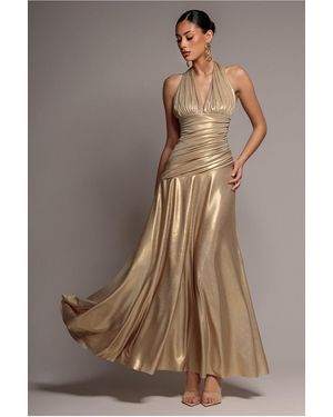 Goddiva Halterneck Empire Waist Gathered Sunrise Foil Maxi Dress - Brown