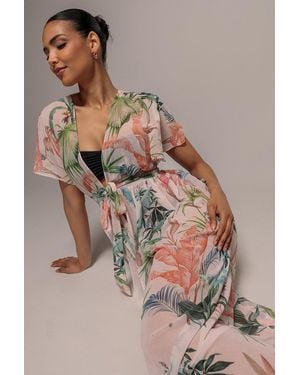 Goddiva Palm Print Flutter Sleeve Kimono Maxi Dress - Multicolor