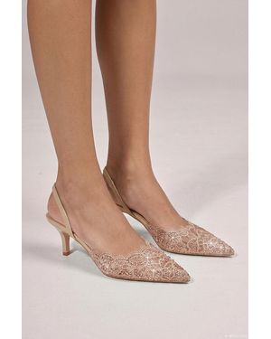Goddiva Embellished Scalloped Edged Lace Slingback Heels - Natural
