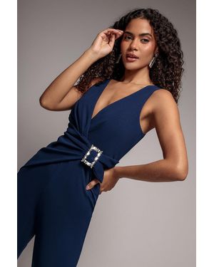Goddiva Buckle Plunge Bow Detail Jumpsuit - Blue