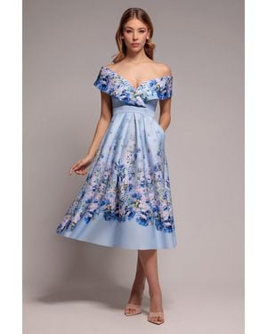Goddiva Bardot Floral Print A-Line Scuba Foam Midi Dress - Blue