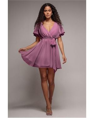 Goddiva Flutter Sleeve Wrap Mini Dress With Elasticated Waist - Pink